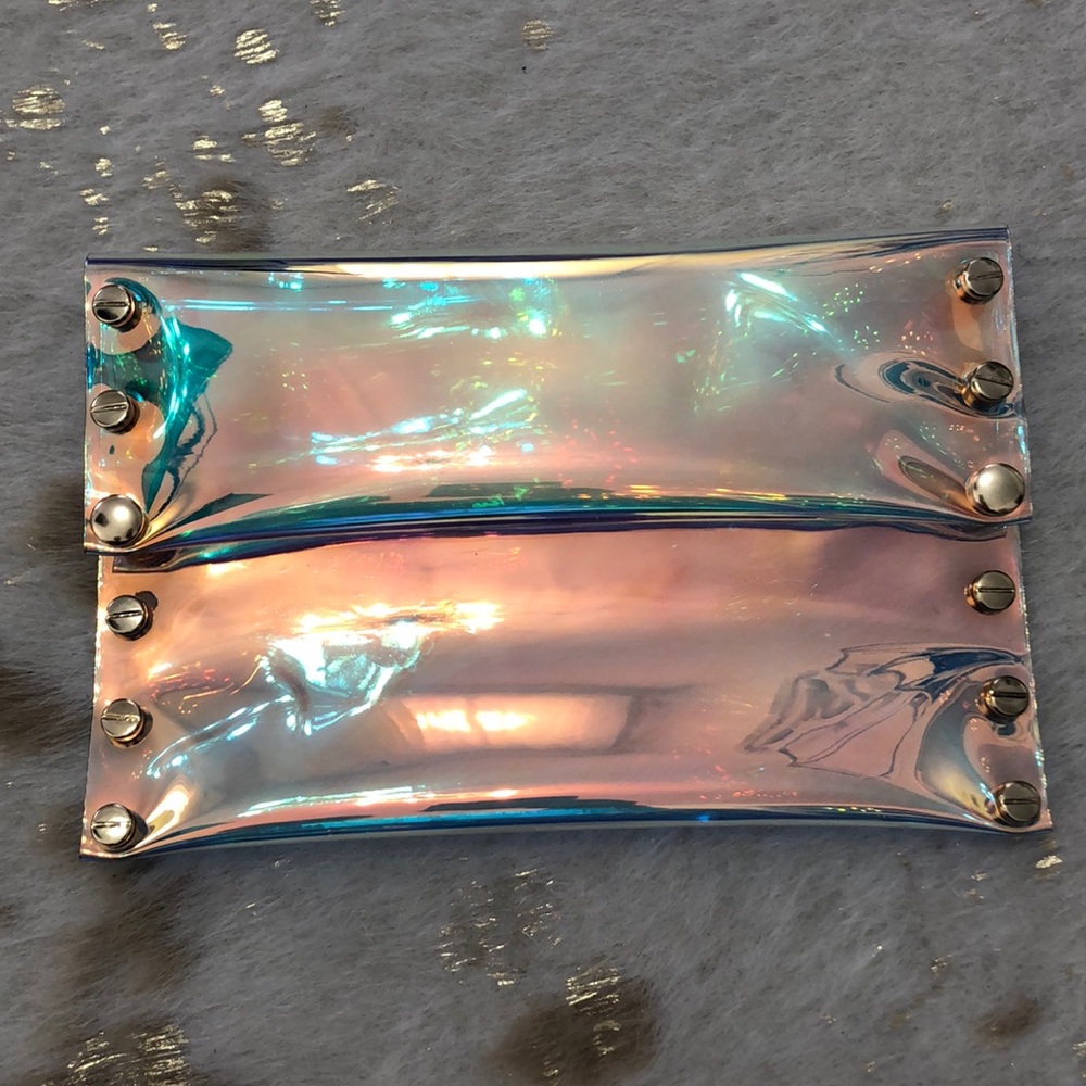 PVC Holographic studded flap clutch bag